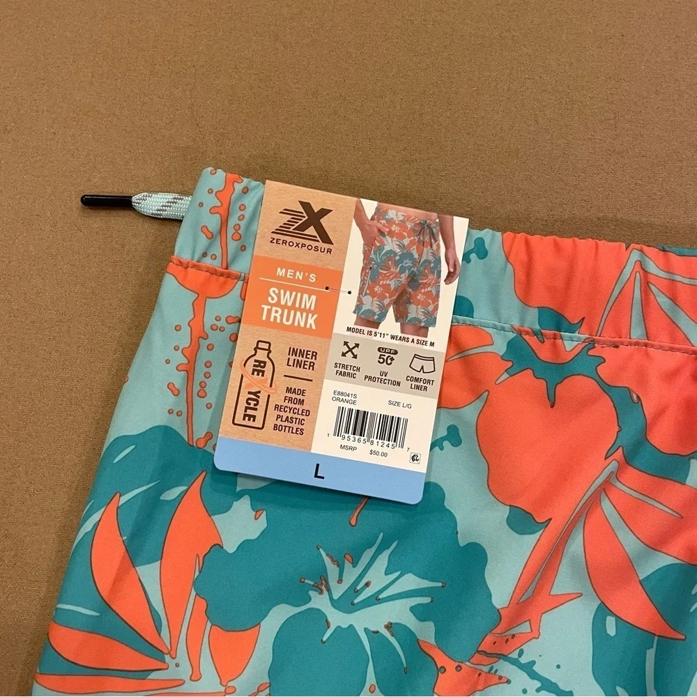 ZeroXposur Men’s Lined Swim Trunks Orange and Blue Tropical Print Large New!